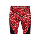 Red and black patterned swim shorts on a white background