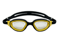 Black and yellow swimming goggles with UV Shield Anti-Fog label on a white background